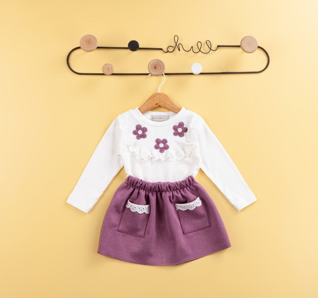 Girls' Purple Velour Skirt & White Cotton Top Set